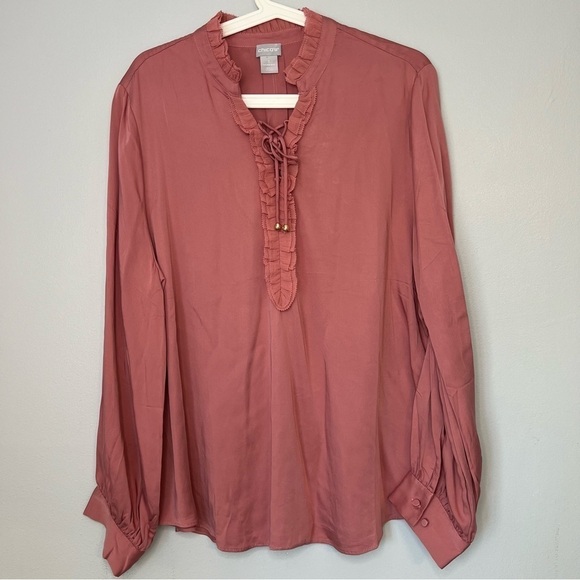 CHICO'S XL Ruffle Tie Neck Pullover Satin Blouse Burnished Rose Work Romantic - Picture 3 of 14